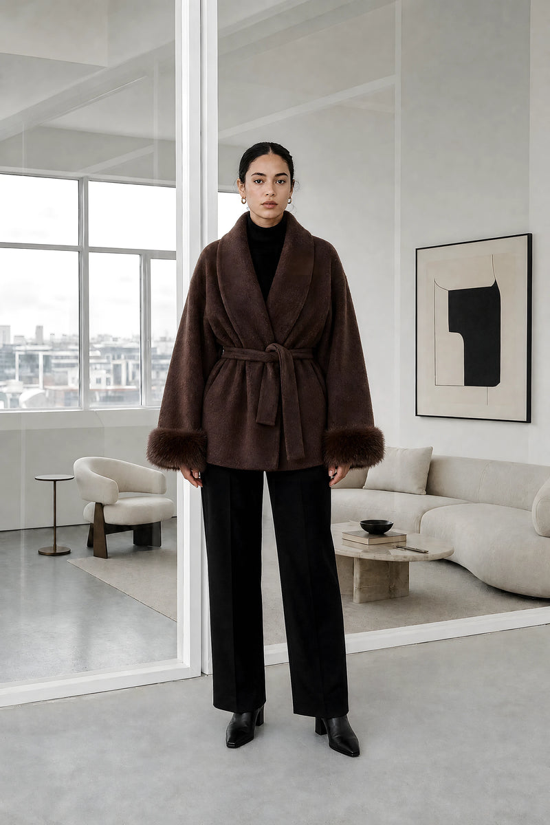 Remi | Faux-Fur Wrap Coat in Brown, studio front view