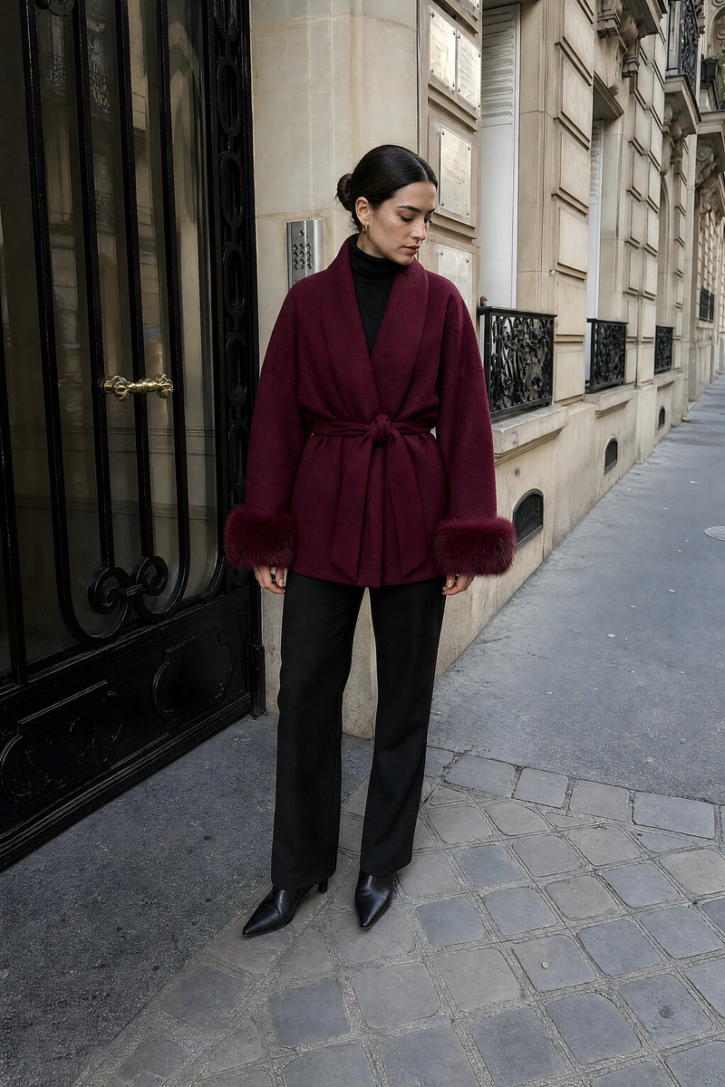 SOFAINE-V7-LIFE-Remi | Faux-Fur Wrap Coat in Burgundy, street-style view