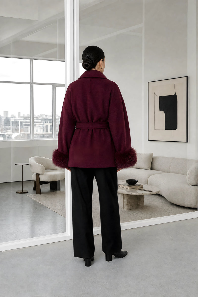 Remi | Faux-Fur Wrap Coat in Burgundy, studio back view