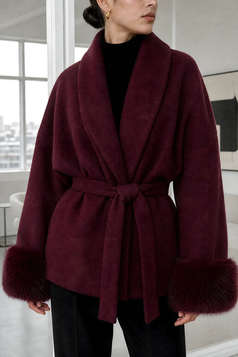 Remi | Faux-Fur Wrap Coat in Burgundy, fabric close-up