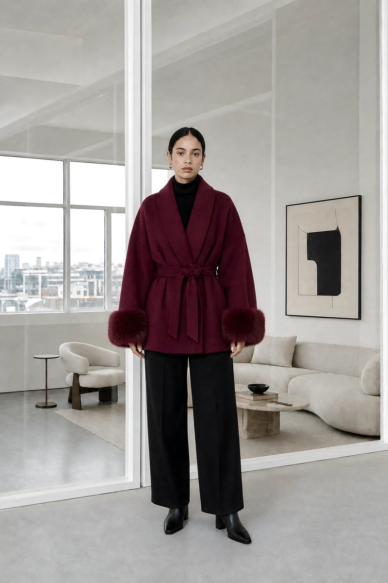 Remi | Faux-Fur Wrap Coat in Burgundy, studio front view