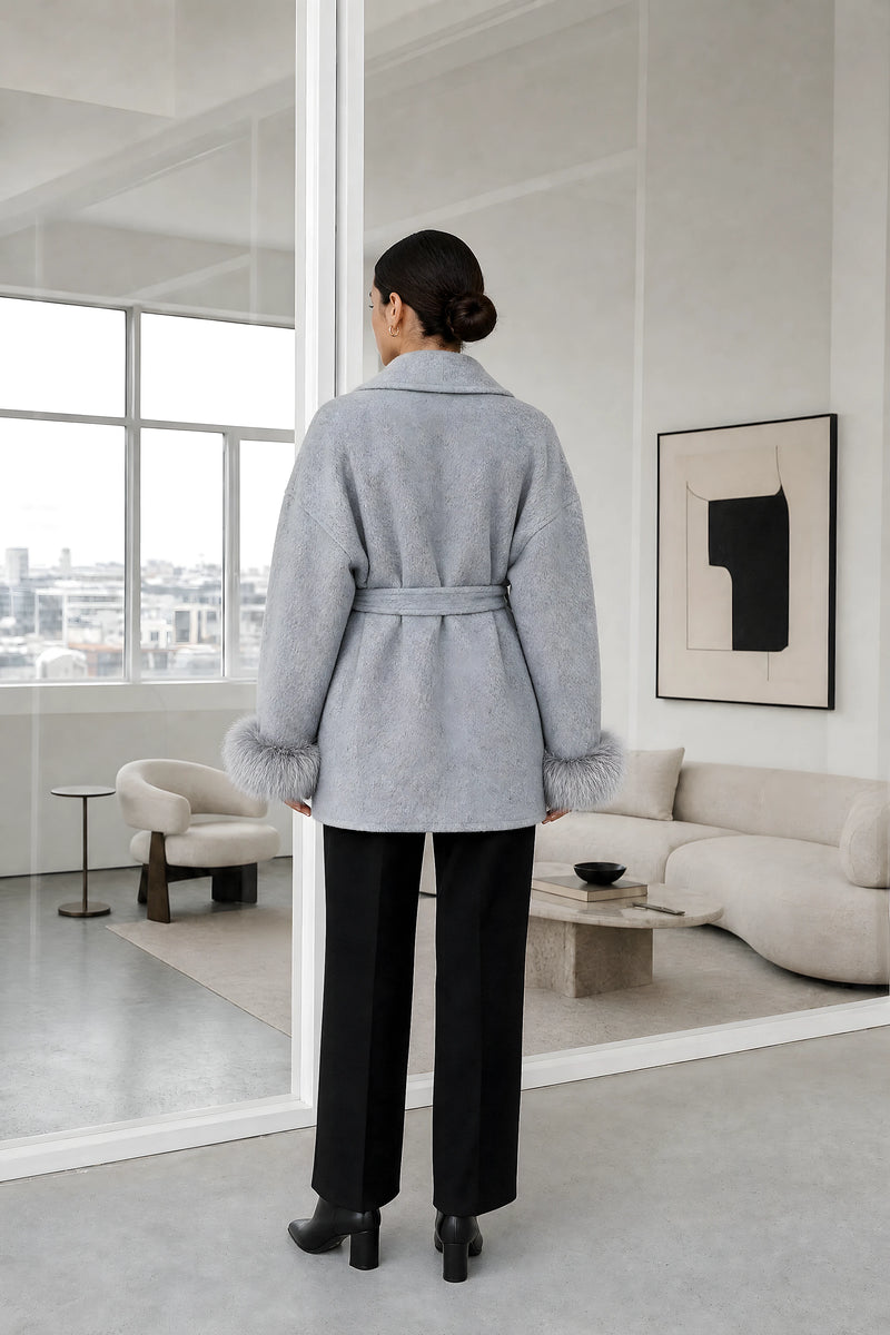 Remi | Faux-Fur Wrap Coat in Gray, studio back view