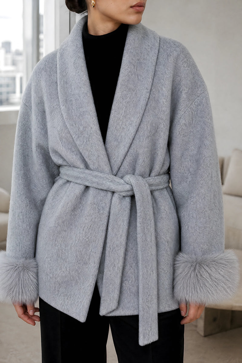 Remi | Faux-Fur Wrap Coat in Gray, fabric close-up