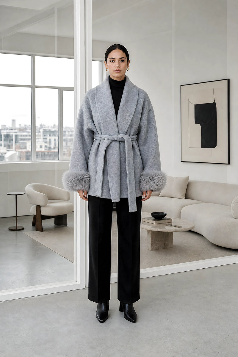 Remi | Faux-Fur Wrap Coat in Gray, studio front view
