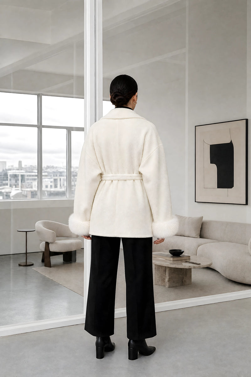 Remi | Faux-Fur Wrap Coat in White, studio back view