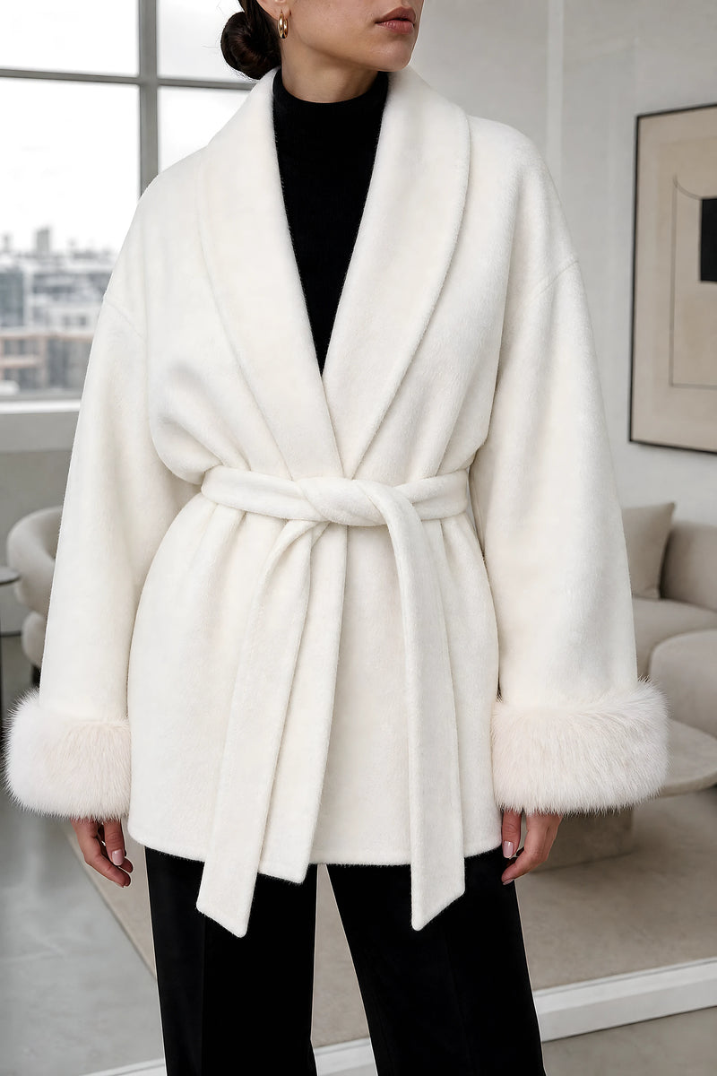 Remi | Faux-Fur Wrap Coat in White, fabric close-up