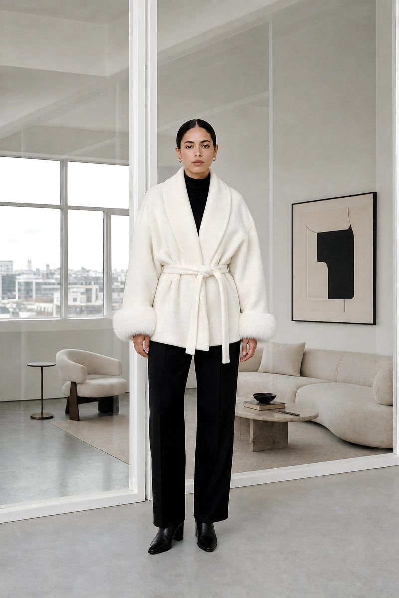 Remi | Faux-Fur Wrap Coat in White, studio front view