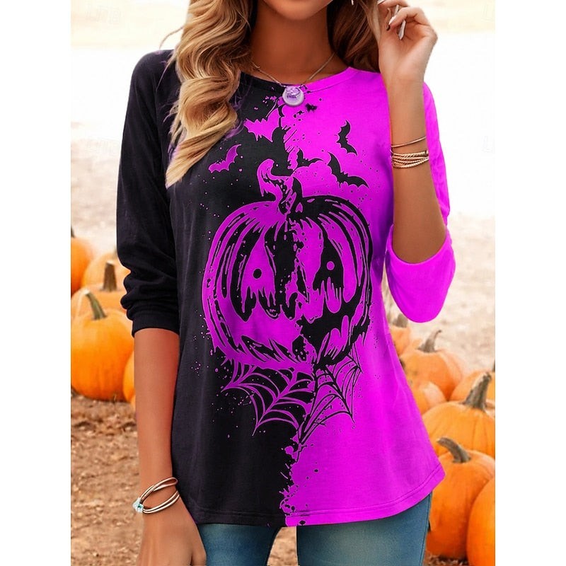 Halloween Pumpkin Color Block Top for Women with Long Sleeves in Hot Pink, front view