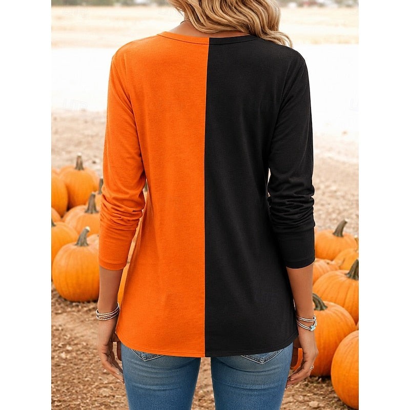 Halloween Pumpkin Color Block Top for Women with Long Sleeves in Orange, back view