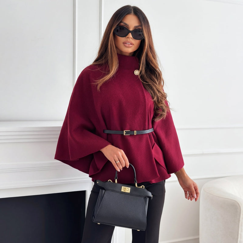 Knit Cape Sweater for Women with Batwing Sleeves and Buttoned Mock Neck in Burgundy, front view