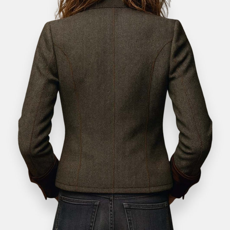 Herringbone Tweed-Look Jacket for Women with Velvet Cuffs and Flap Pockets in Olive Green, back view
