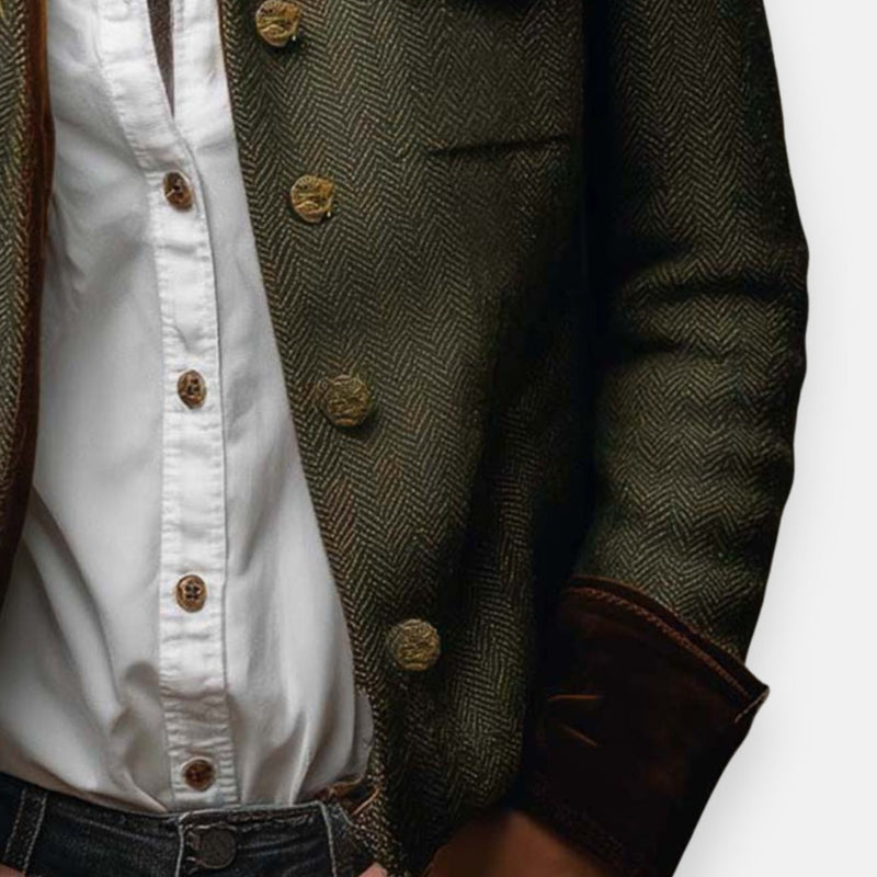 Herringbone Tweed-Look Jacket for Women with Velvet Cuffs and Flap Pockets in Olive Green, button detail