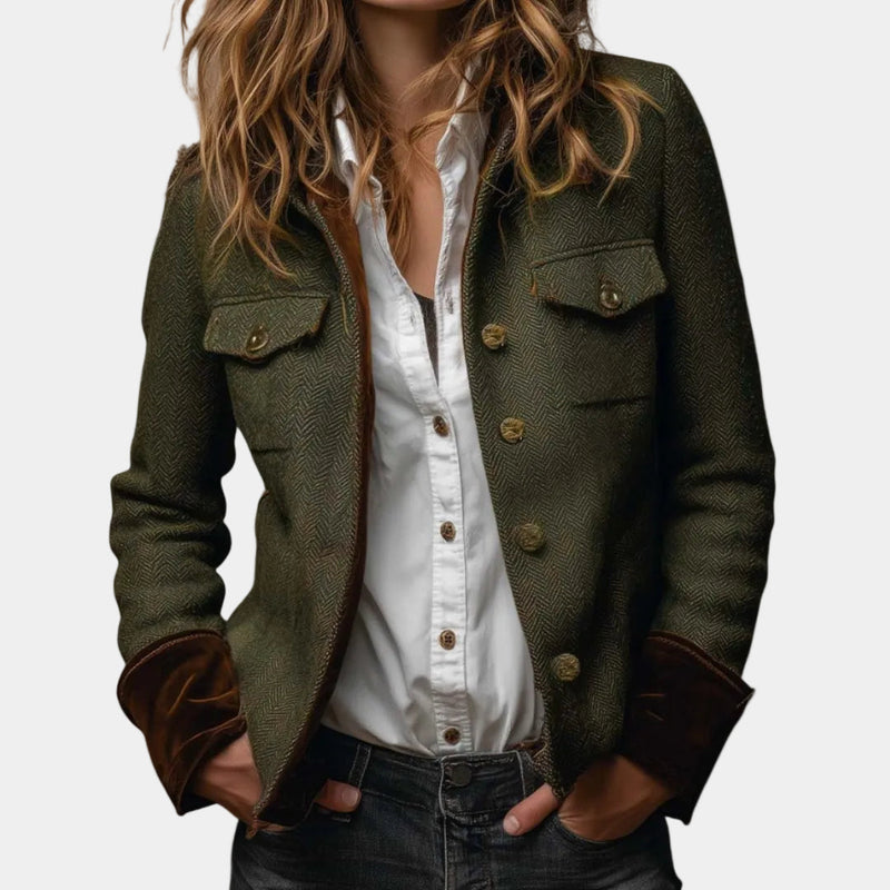 Herringbone Tweed-Look Jacket for Women with Velvet Cuffs and Flap Pockets in Olive Green, front view