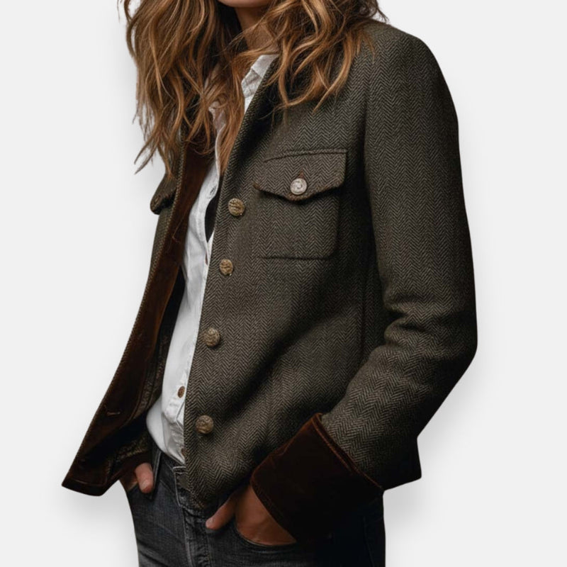 Herringbone Tweed-Look Jacket for Women with Velvet Cuffs and Flap Pockets in Olive Green, side view