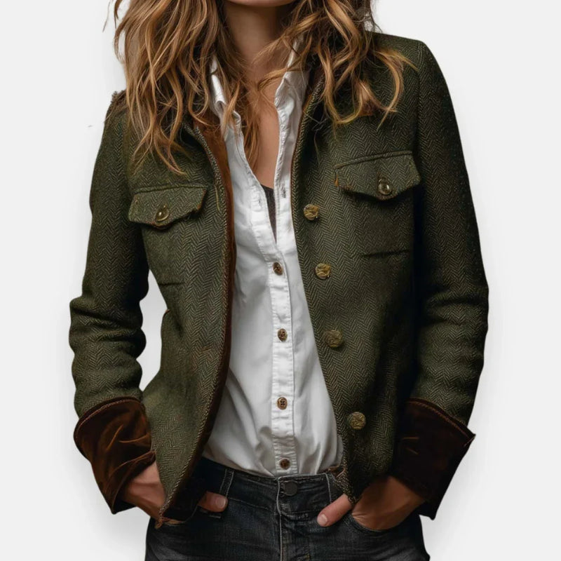 Herringbone Tweed-Look Jacket for Women with Velvet Cuffs and Flap Pockets in Olive Green, styled front view