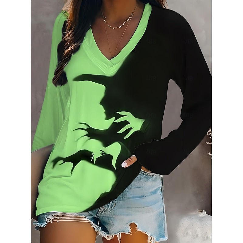 Halloween Witch V Neck Top for Women with Raglan Sleeves and Color Block in Green, front view