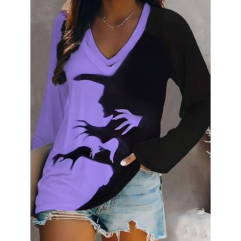 Halloween Witch V Neck Top for Women with Raglan Sleeves and Color Block in Purple, front view