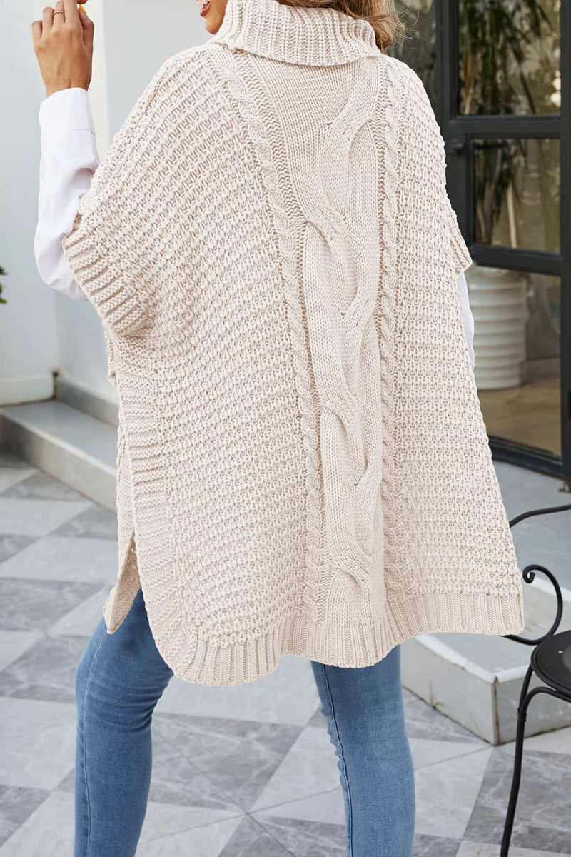 Turtleneck Poncho Sweater for Women with Cable Knit and Side Slits in Beige, back view