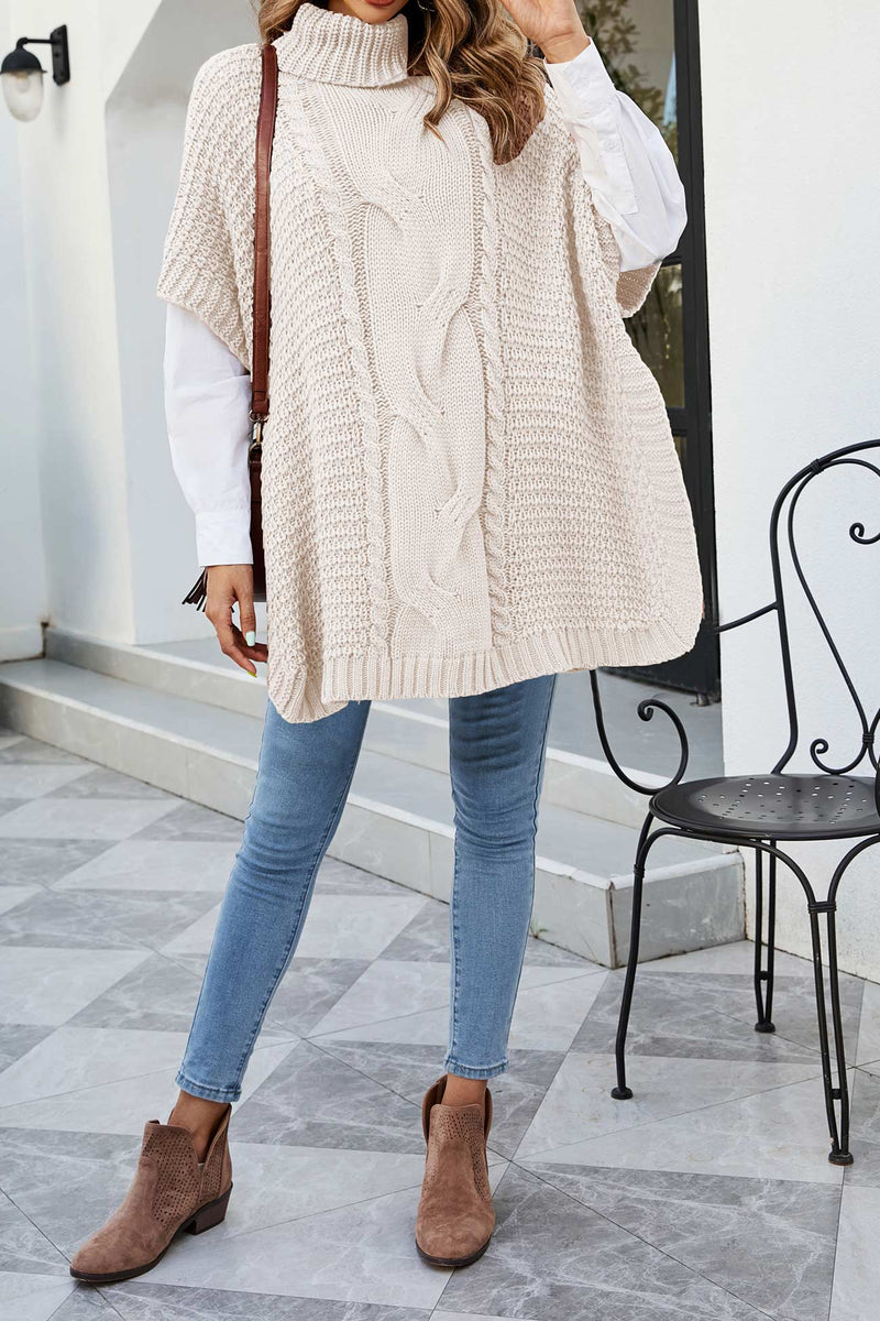 Turtleneck Poncho Sweater for Women with Cable Knit and Side Slits in Beige, full length front view