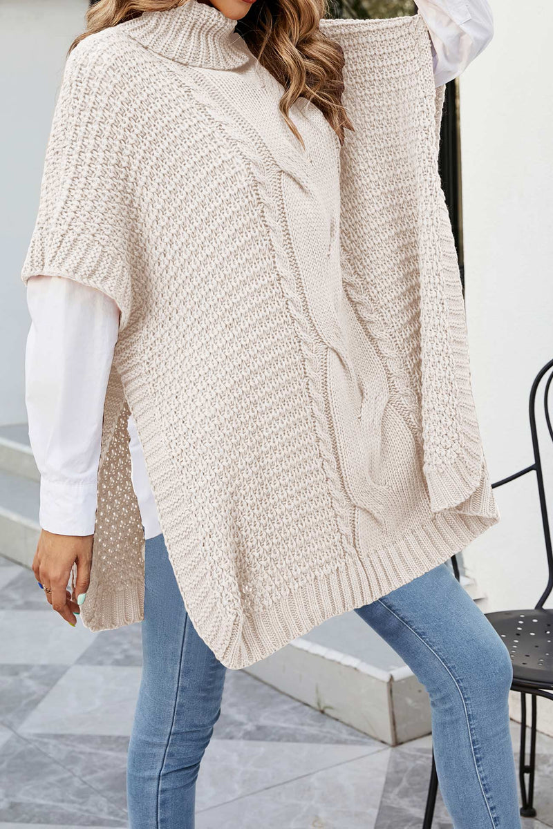 Turtleneck Poncho Sweater for Women with Cable Knit and Side Slits in Beige, side view