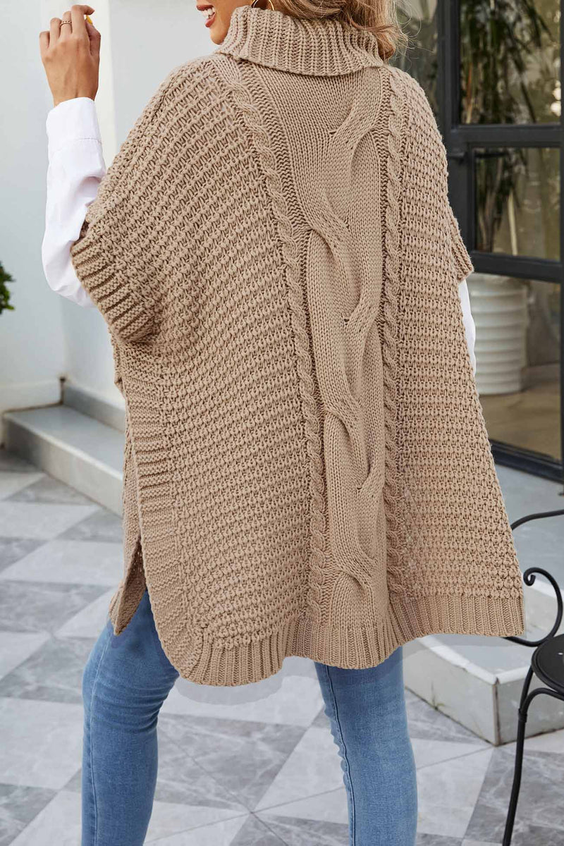 Turtleneck Poncho Sweater for Women with Cable Knit and Side Slits in Khaki, back view