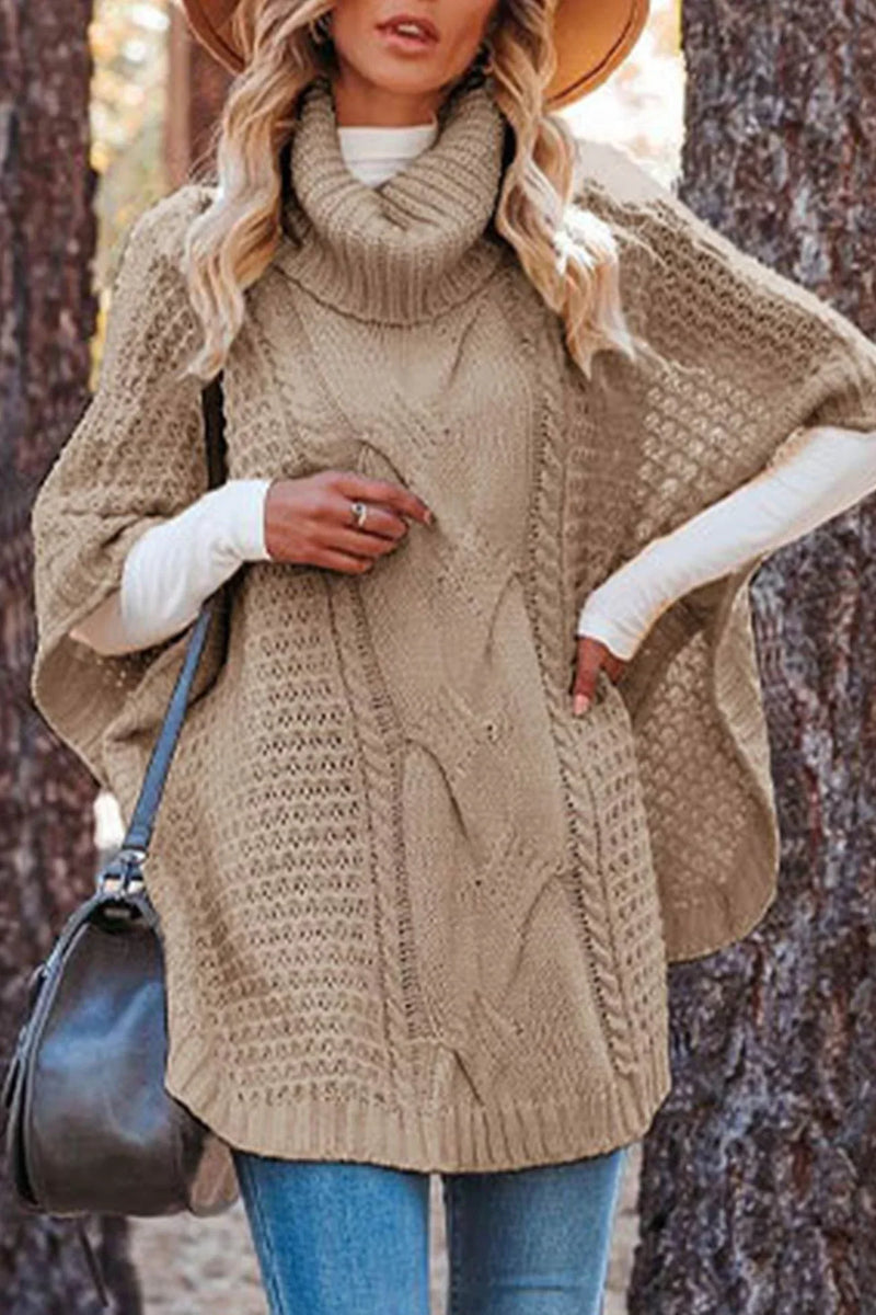 Turtleneck Poncho Sweater for Women with Cable Knit and Side Slits in Khaki, front view