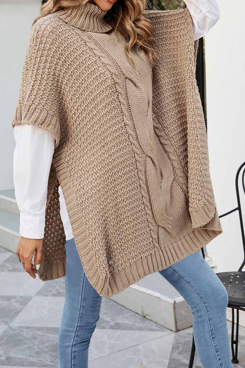 Turtleneck Poncho Sweater for Women with Cable Knit and Side Slits in Khaki, full length front view