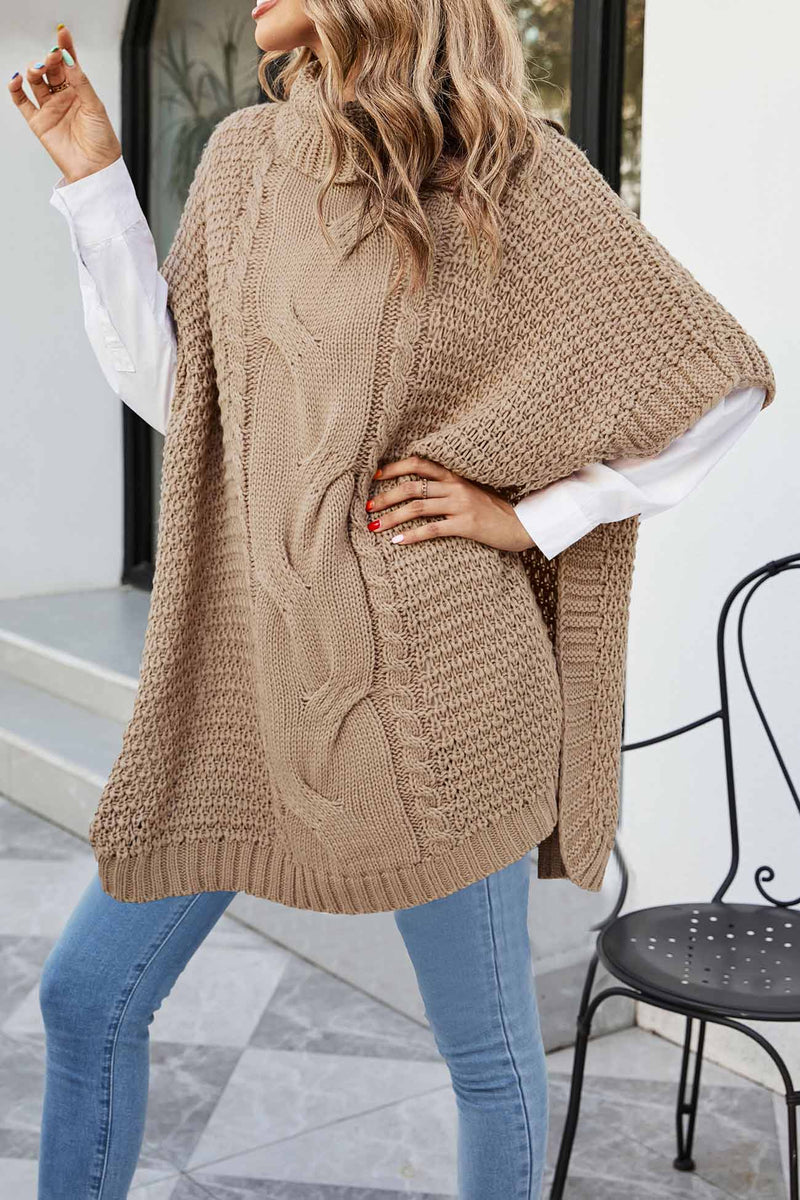 Turtleneck Poncho Sweater for Women with Cable Knit and Side Slits in Khaki, side view