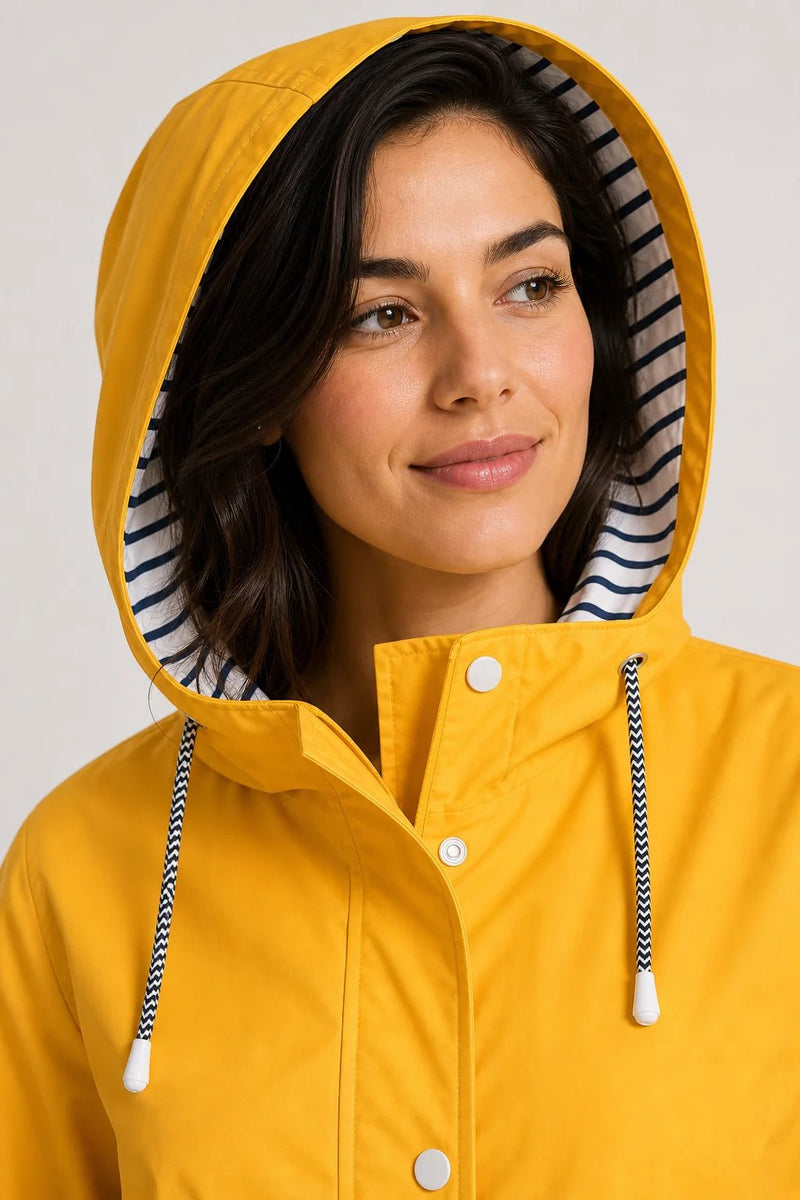Sofaine Riley women's hooded rain jacket in Yellow, close-up detail