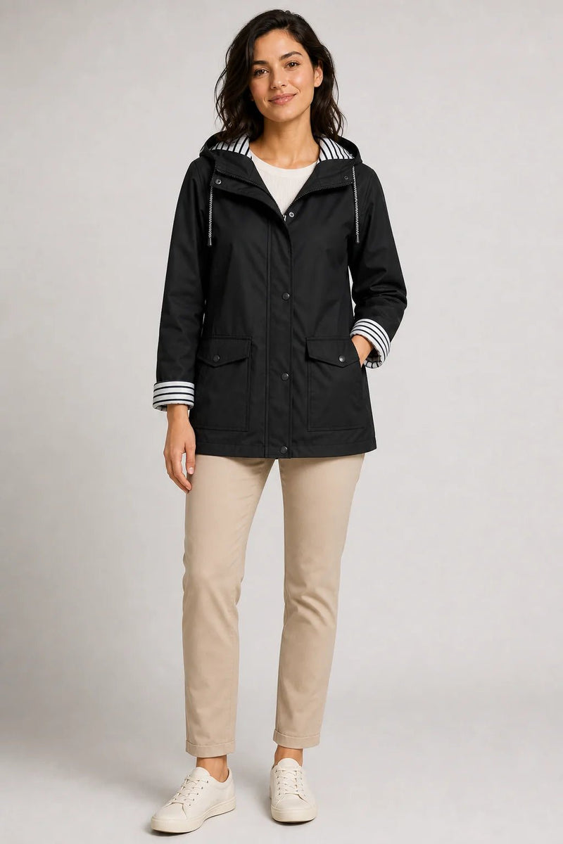 Sofaine Riley women's hooded rain jacket in Black, worn front