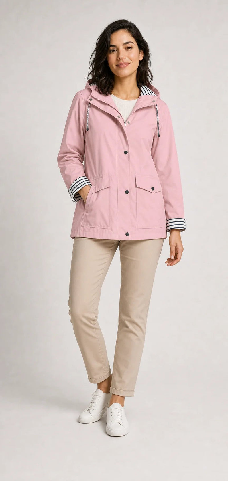 Sofaine Riley women's hooded rain jacket in Pink, worn front
