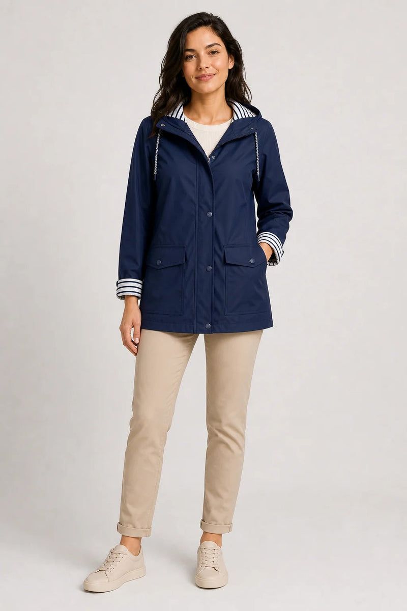 Sofaine Riley women's hooded rain jacket in Navy Blue, worn front