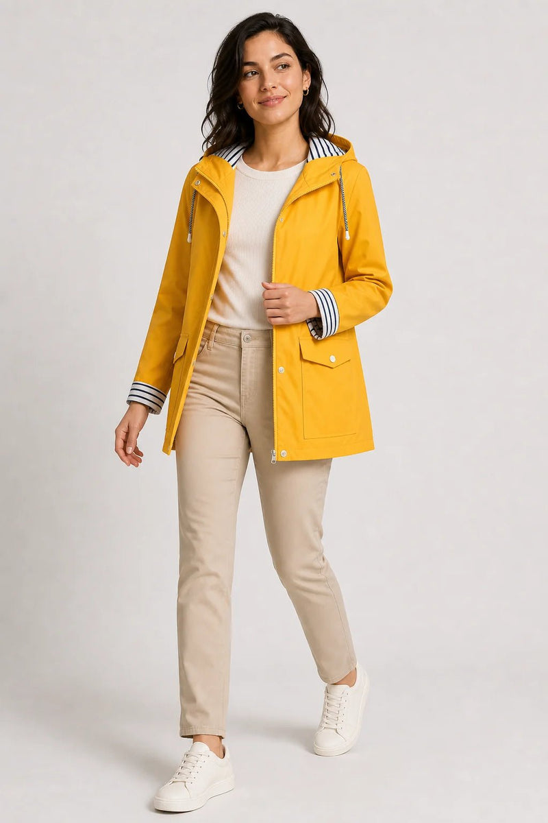 Sofaine Riley women's hooded rain jacket in Yellow, styled full look