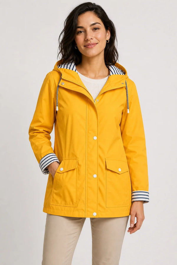 Sofaine Riley women's hooded rain jacket in Yellow, worn front hero