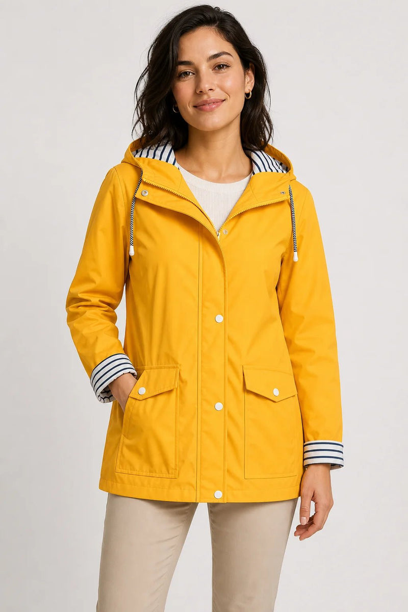 Sofaine Riley women's hooded rain jacket in Yellow, worn front hero