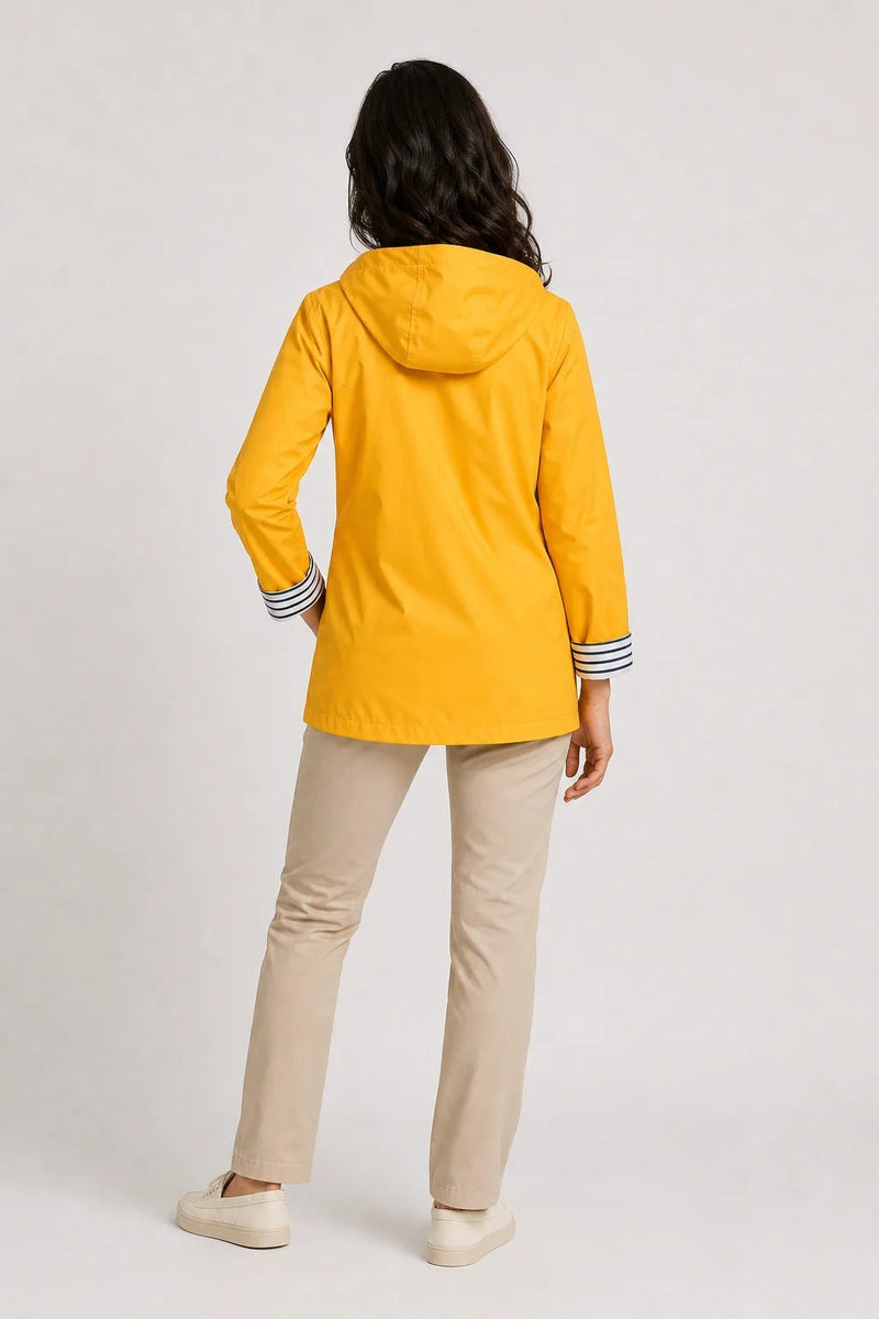 Sofaine Riley women's hooded rain jacket in Yellow, worn back