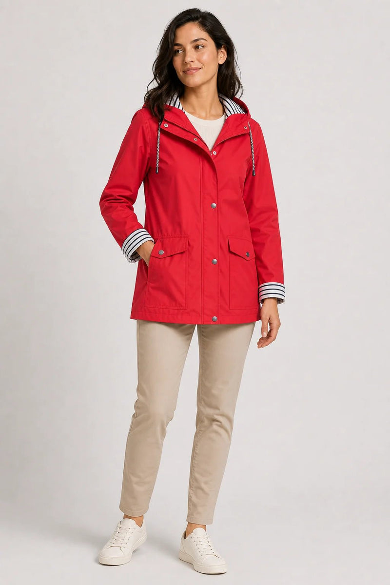 Sofaine Riley women's hooded rain jacket in Red, worn front