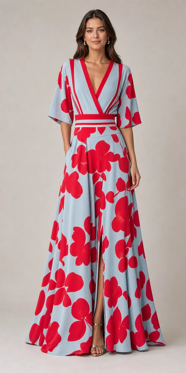 Sofaine Josephine women's red floral maxi dress in Red, worn hero front