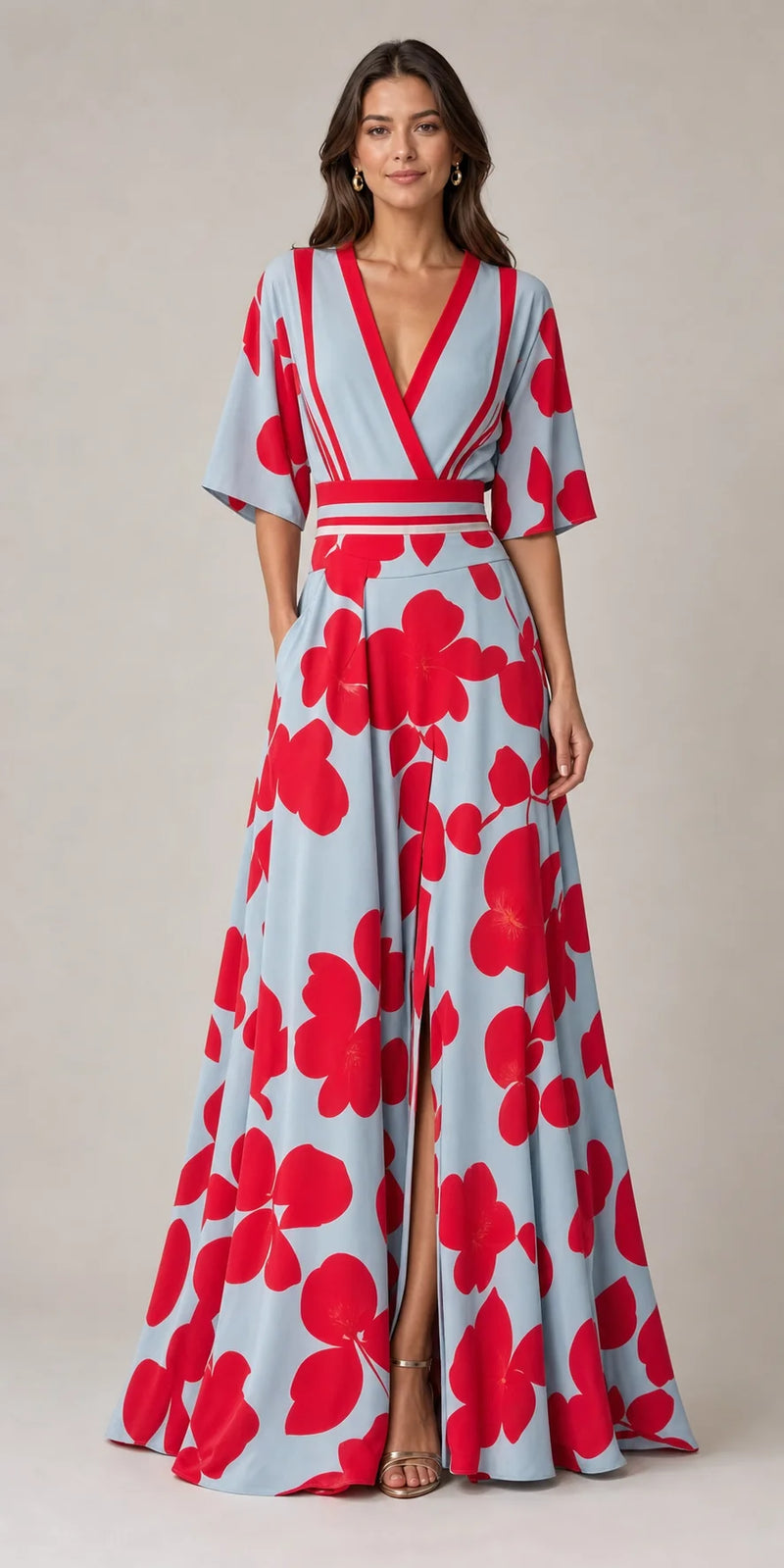 Sofaine Josephine women's red floral maxi dress in Red, worn hero front
