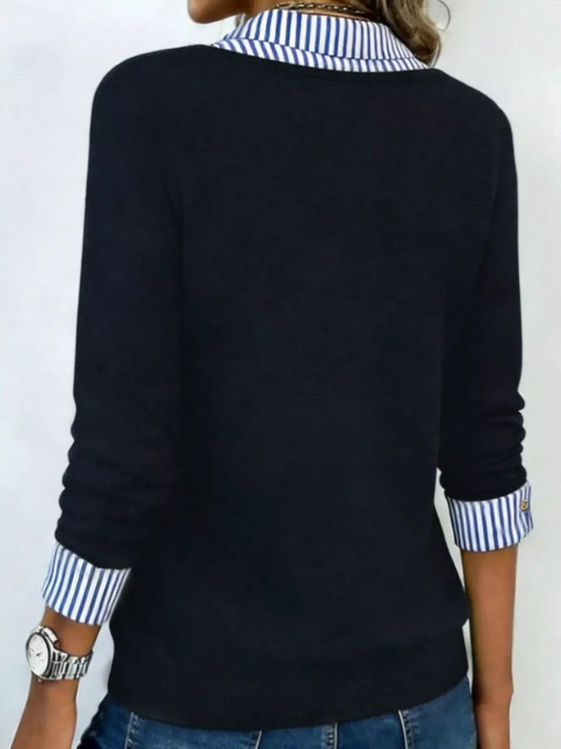 Layered Look Collared Sweater for Women with V Neck and Striped Cuffs in Black, back view