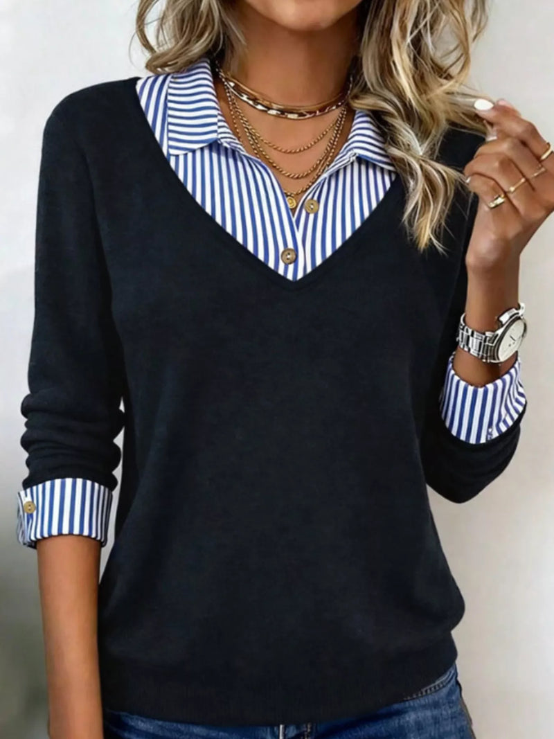 Layered Look Collared Sweater for Women with V Neck and Striped Cuffs in Black, front view