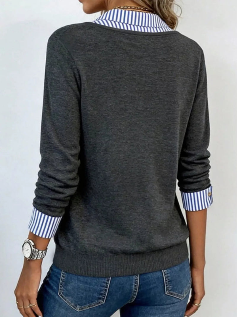 Layered Look Collared Sweater for Women with V Neck and Striped Cuffs in Dark Gray, back view