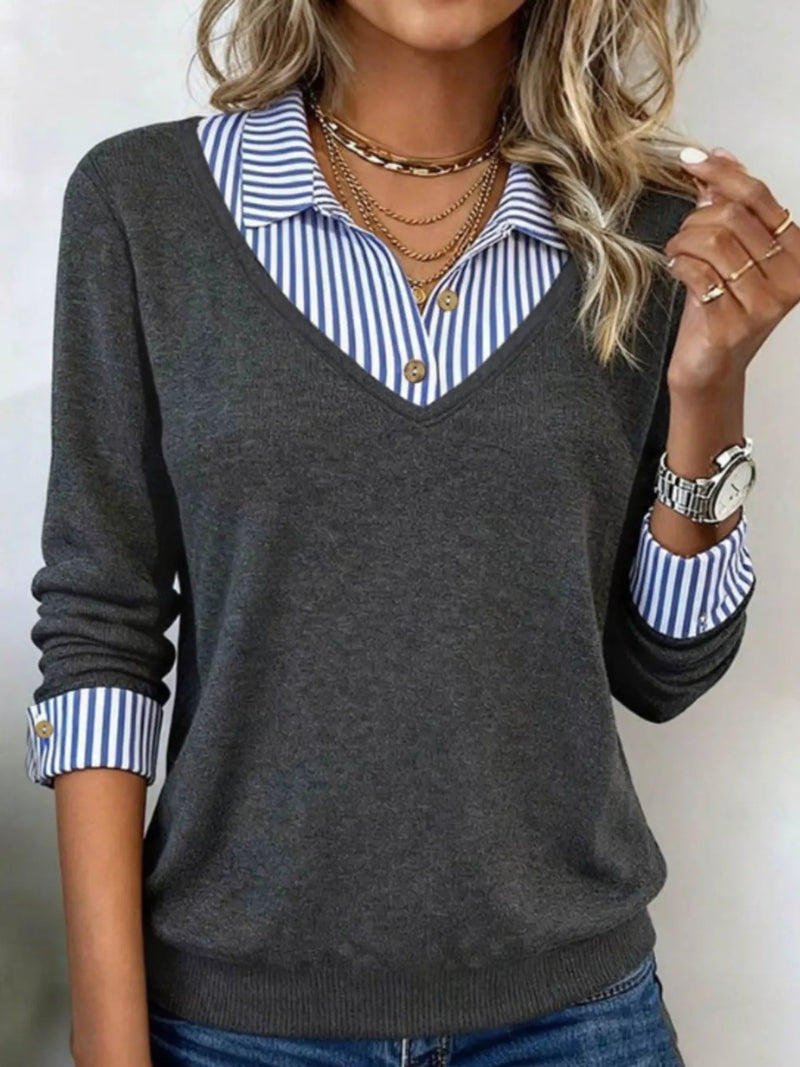 Layered Look Collared Sweater for Women with V Neck and Striped Cuffs in Dark Gray, front view