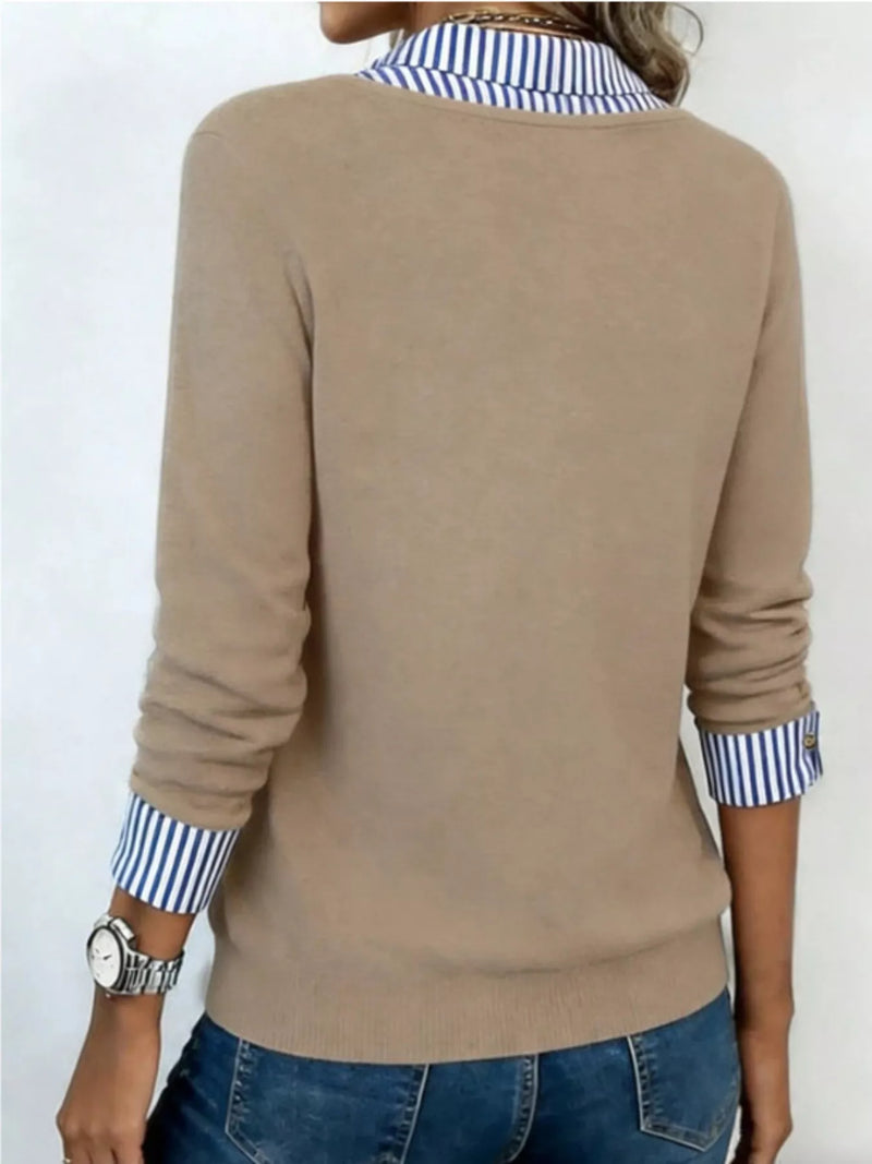 Layered Look Collared Sweater for Women with V Neck and Striped Cuffs in Tan, back view