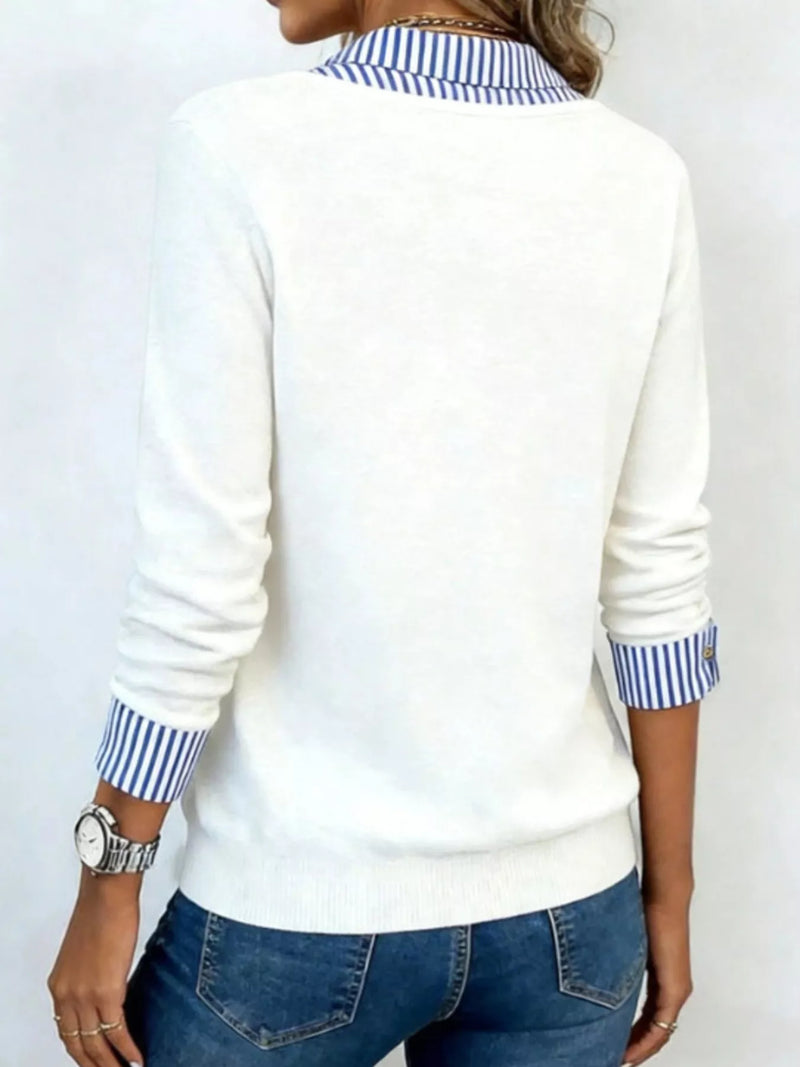 Layered Look Collared Sweater for Women with V Neck and Striped Cuffs in White, back view