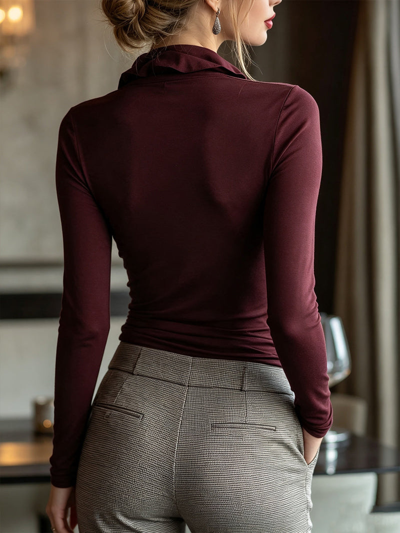 Ruffle Neck Tie Front Top for Women with Long Sleeves and Fitted Stretch in Burgundy, back view