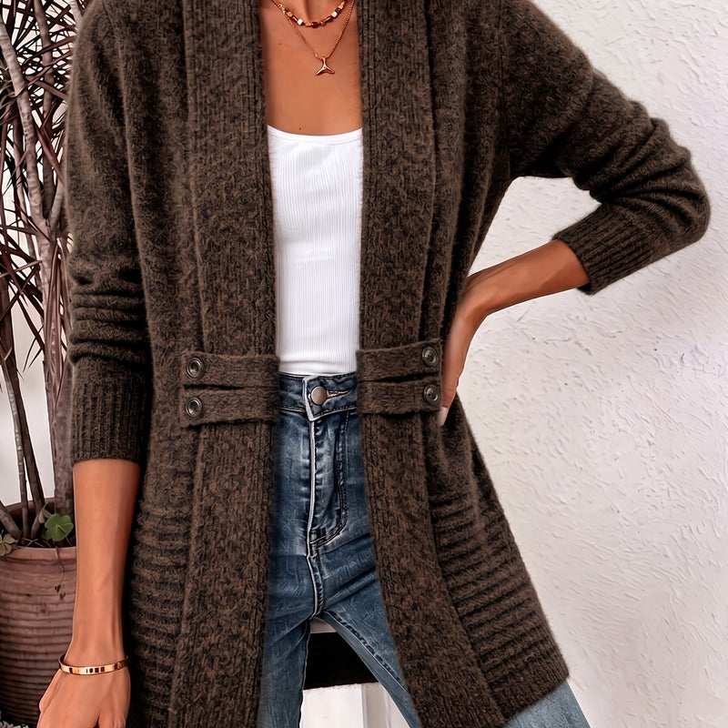 Longline Shawl Collar Cardigan for Women with Button Tab Waist in Coffee Brown, front view 2