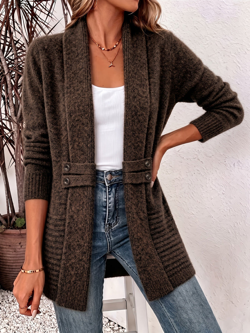 Longline Shawl Collar Cardigan for Women with Button Tab Waist in Coffee Brown, front view