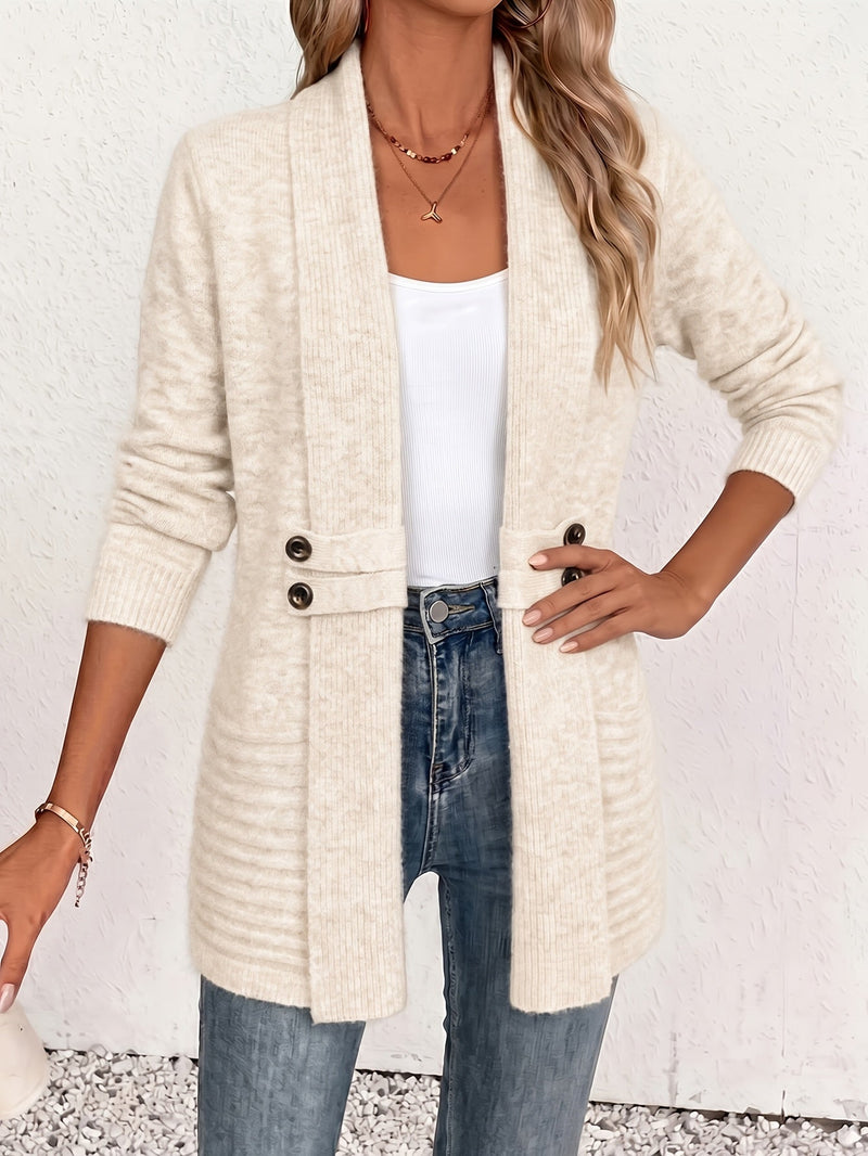 Longline Shawl Collar Cardigan for Women with Button Tab Waist in Cream, front view 2