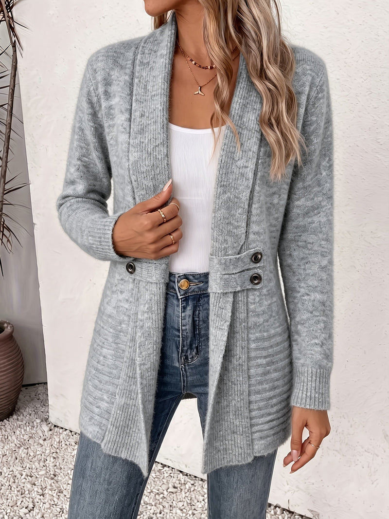 Longline Shawl Collar Cardigan for Women with Button Tab Waist, front view